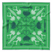 Green organic silk pocket square with navy and white print and hand rolled hem