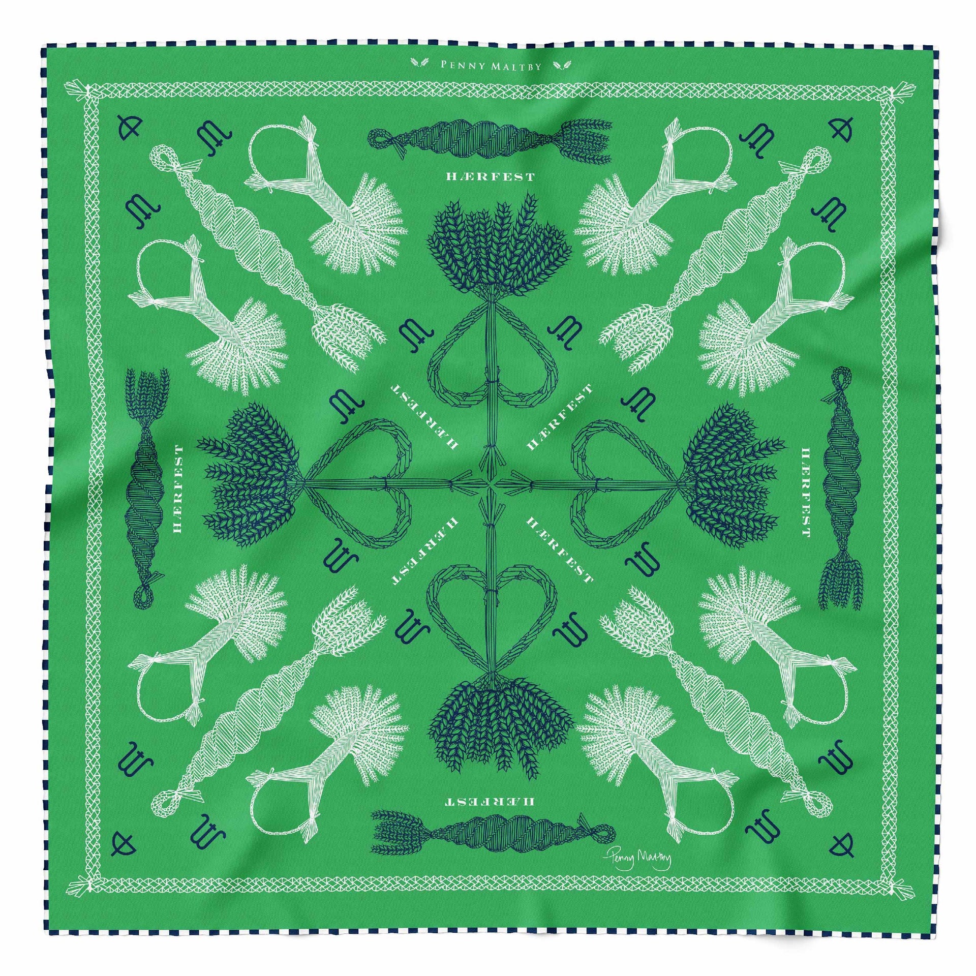 Green organic silk pocket square with navy and white print and hand rolled hem