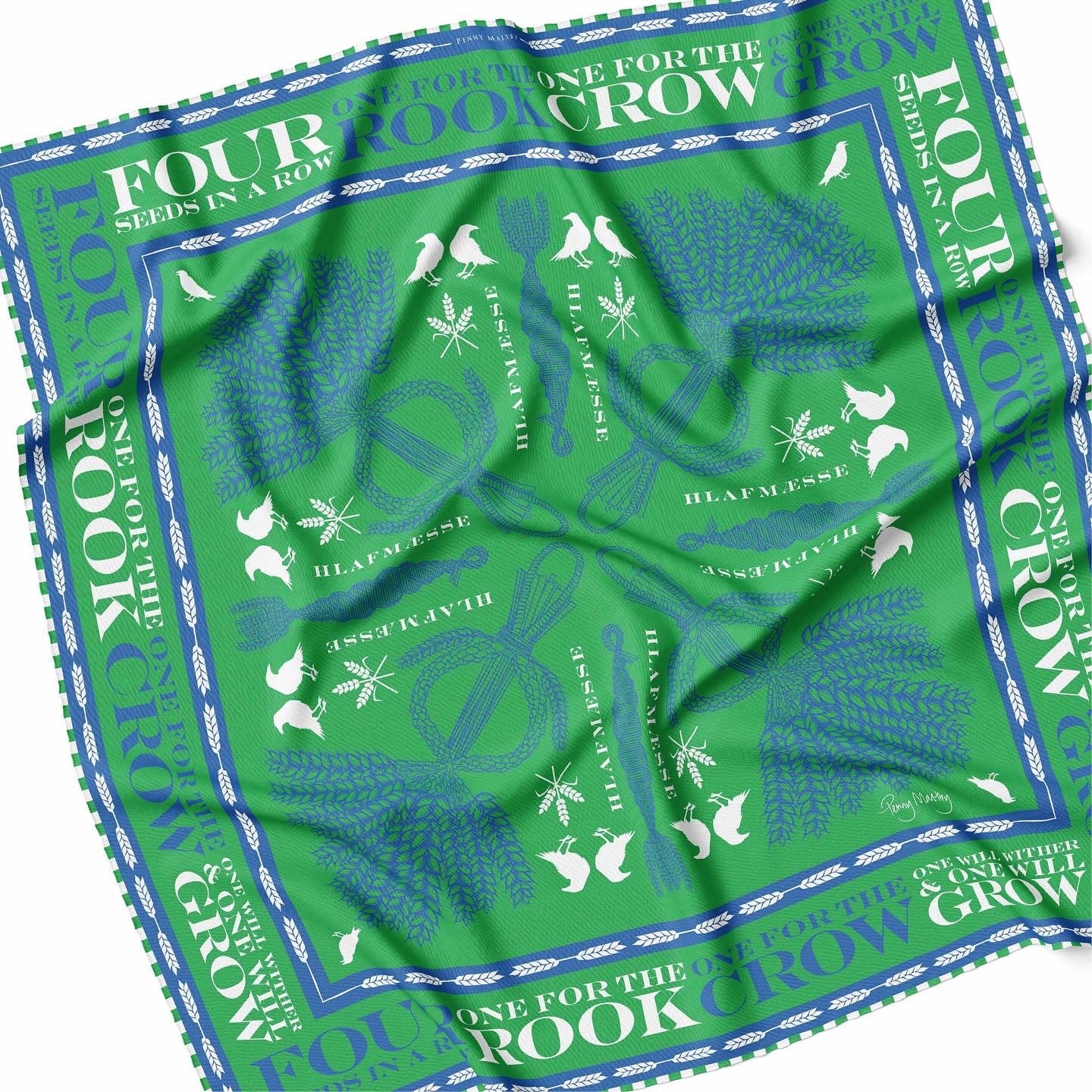 Green, royal blue and white silk square scarf 65cm x 65m with green and white hand rolled hem