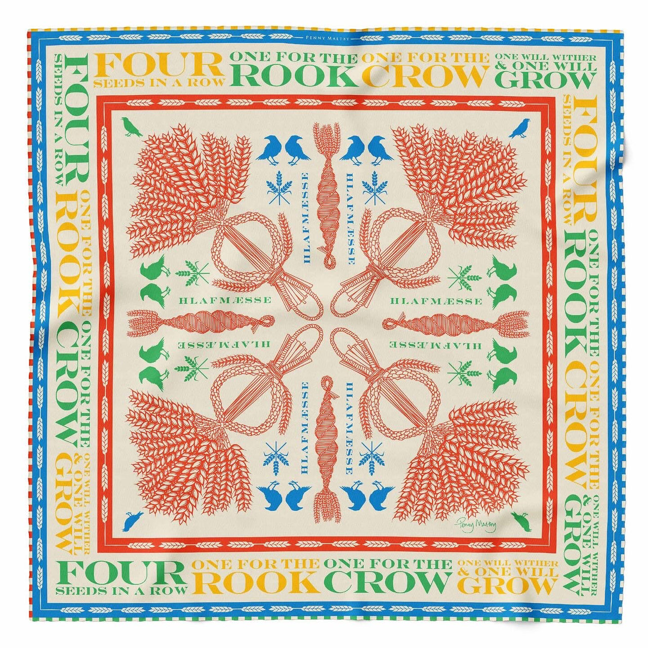 Cream square silk scarf with print an text details of harvest themes in coral, green, yellow and blue with a hand rolled hem