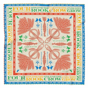 Cream square silk scarf with print an text details of harvest themes in coral, green, yellow and blue with a hand rolled hem