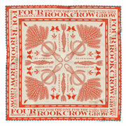 Cream square silk scarf 65cm x 65cm with coral red print and rolled hem edges in turquoise and cream chequerboard pattern