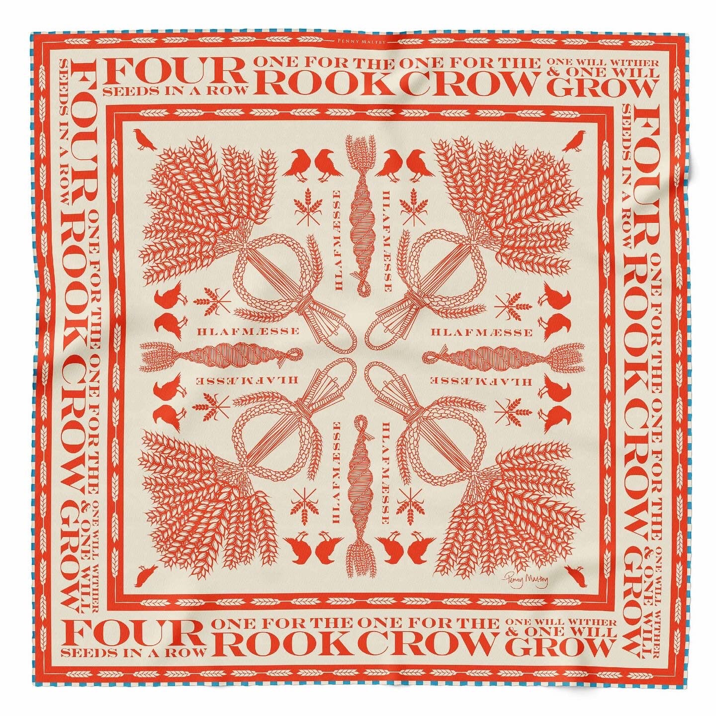 Cream square silk scarf 65cm x 65cm with coral red print and rolled hem edges in turquoise and cream chequerboard pattern