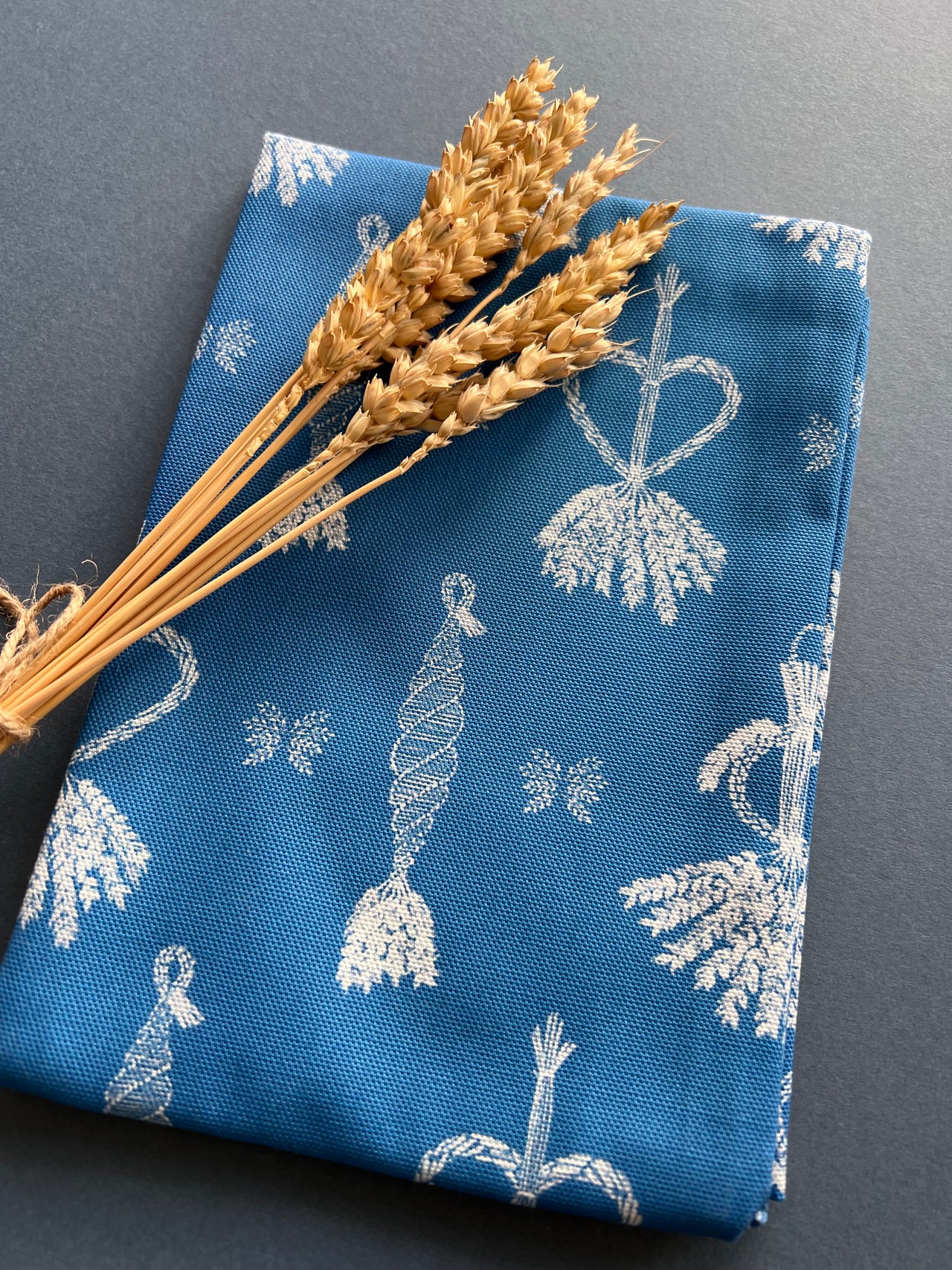 Corn Dolly Pattern No. 1 Indigo Cotton Tea Towel