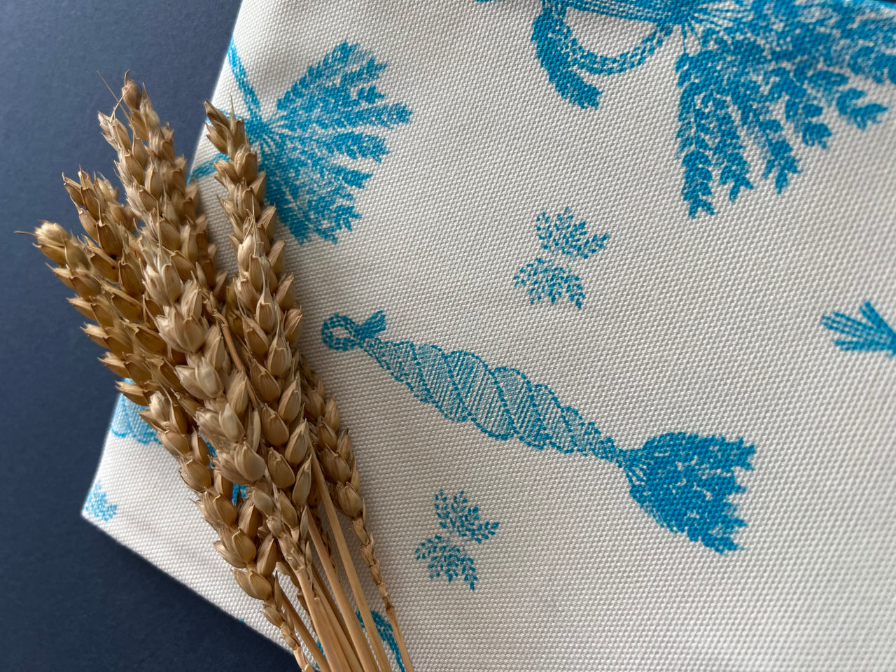 Corn Dolly Pattern No. 1 White and Bright Blue Cotton Tea Towel