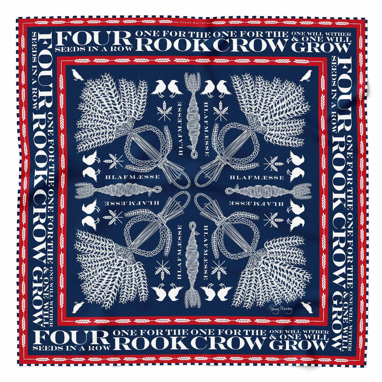 Classic navy red and white organic silk square 65cm x 65cm with corn dolly print and hand rolled hem