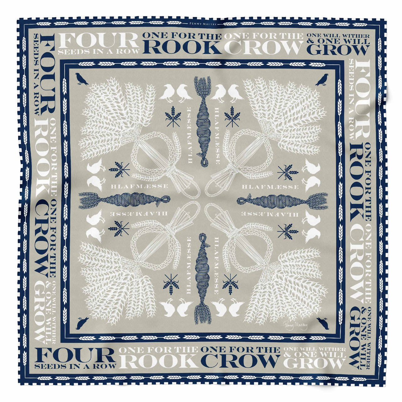 Stone and navy organic square silk scarf with white corn dolly detail and navy and white hand rolled hem