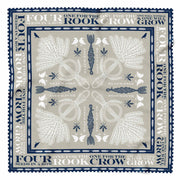 Stone and navy organic square silk scarf with white corn dolly detail and navy and white hand rolled hem