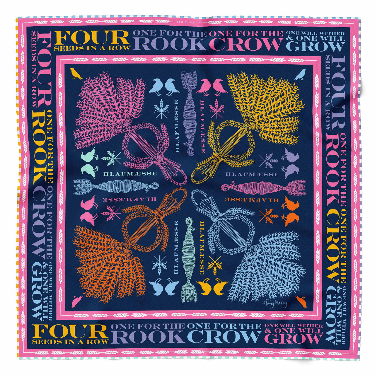 Navy organic silk square scarf with pink and multicoloured corn dolly print and four different hand rolled chequerboard edges