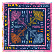 Navy organic silk square scarf with pink and multicoloured corn dolly print and four different hand rolled chequerboard edges