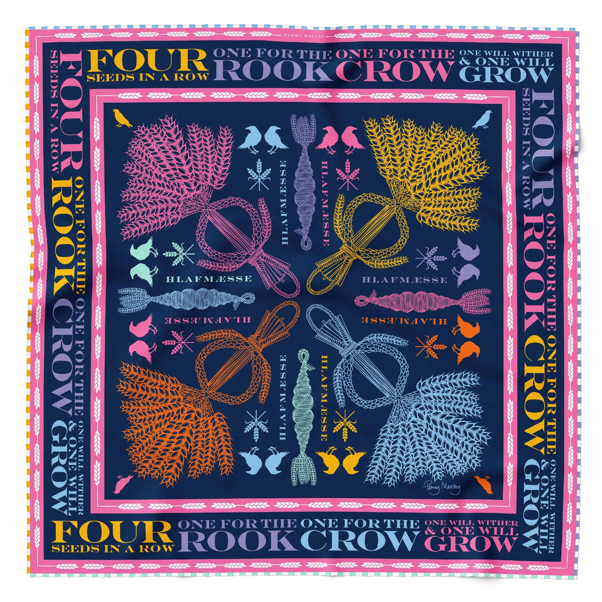 Navy organic silk square scarf with pink and multicoloured corn dolly print and four different hand rolled chequerboard edges