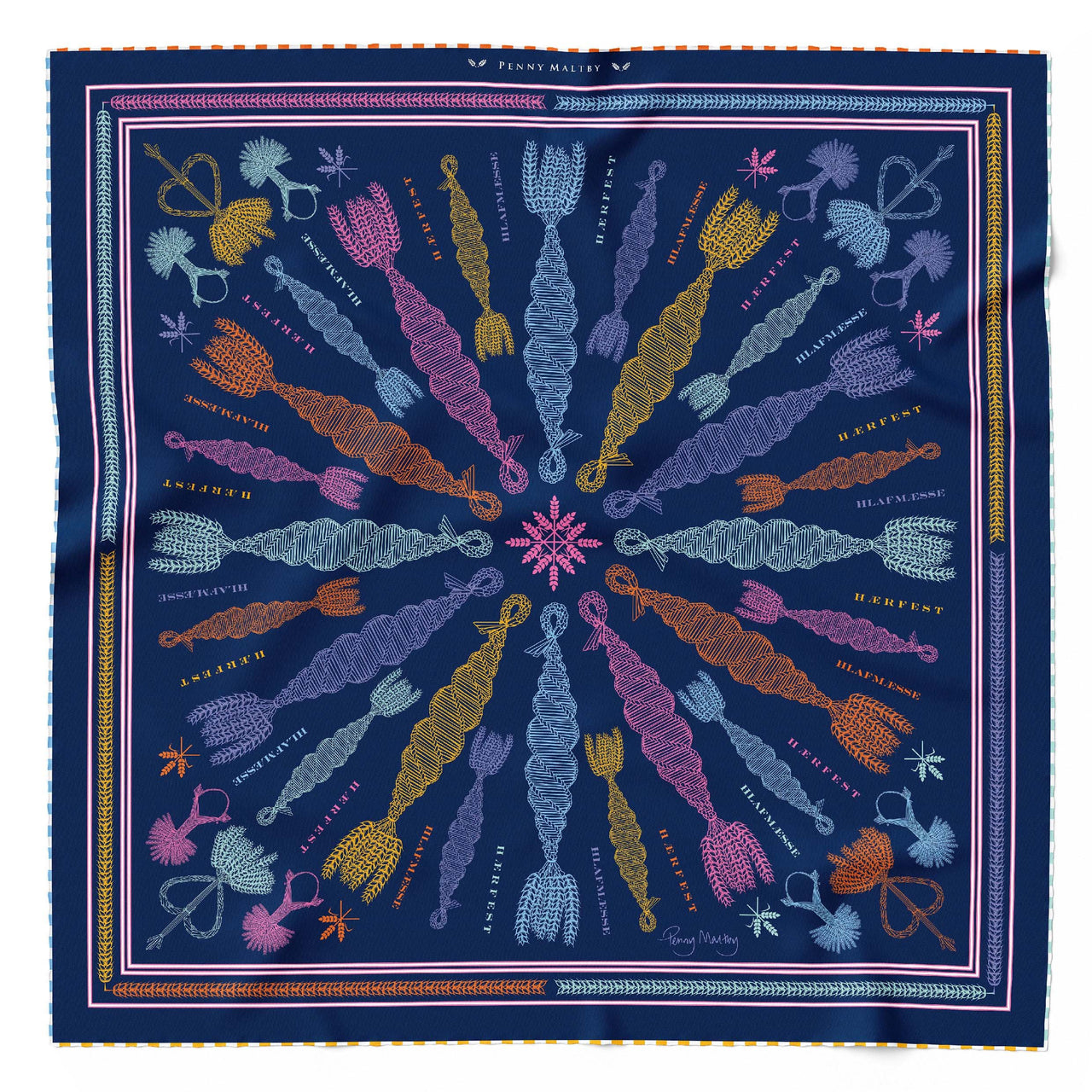 Large navy and multicoloured organic silk scarf with corn dolly motifs and hand rolled hem