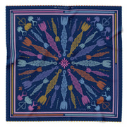 Large navy and multicoloured organic silk scarf with corn dolly motifs and hand rolled hem
