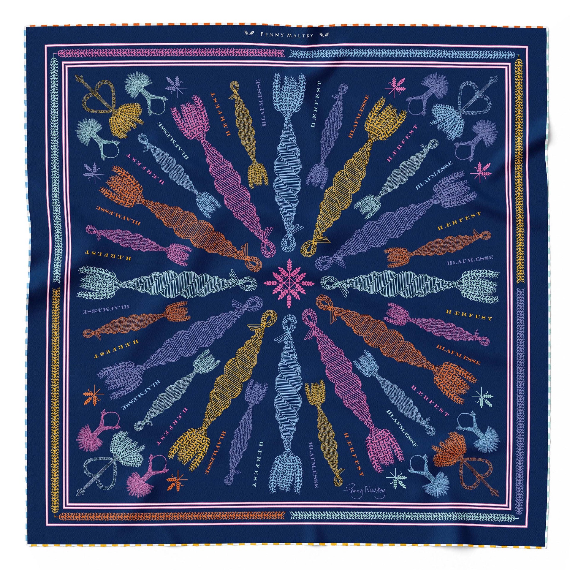 Large navy and multicoloured organic silk scarf with corn dolly motifs and hand rolled hem