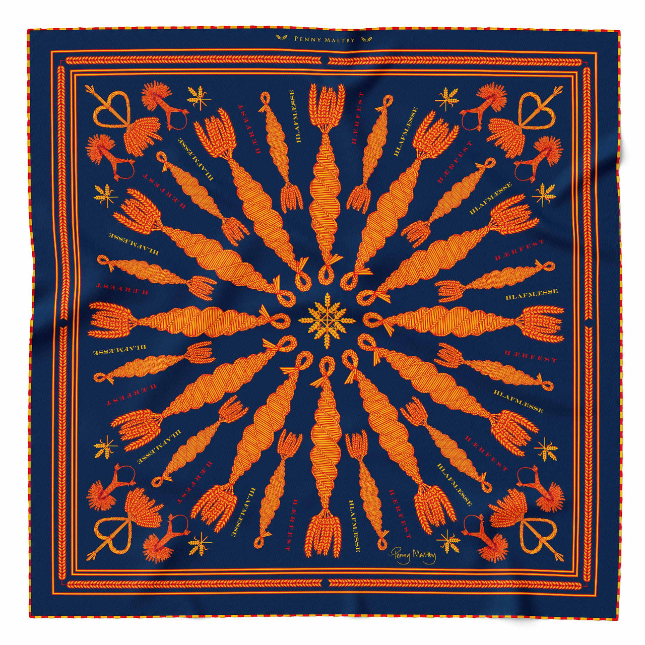 Large organic silk scarf in navy, yellow and orange with hand rolled hem.