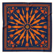 Large organic silk scarf in navy, yellow and orange with hand rolled hem.