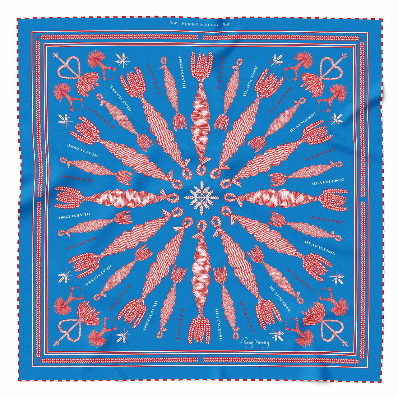 Large 97cm x 97cm organic silk scarf with red and white corn dolly pattern and red and white chequerboard hand rolled hem