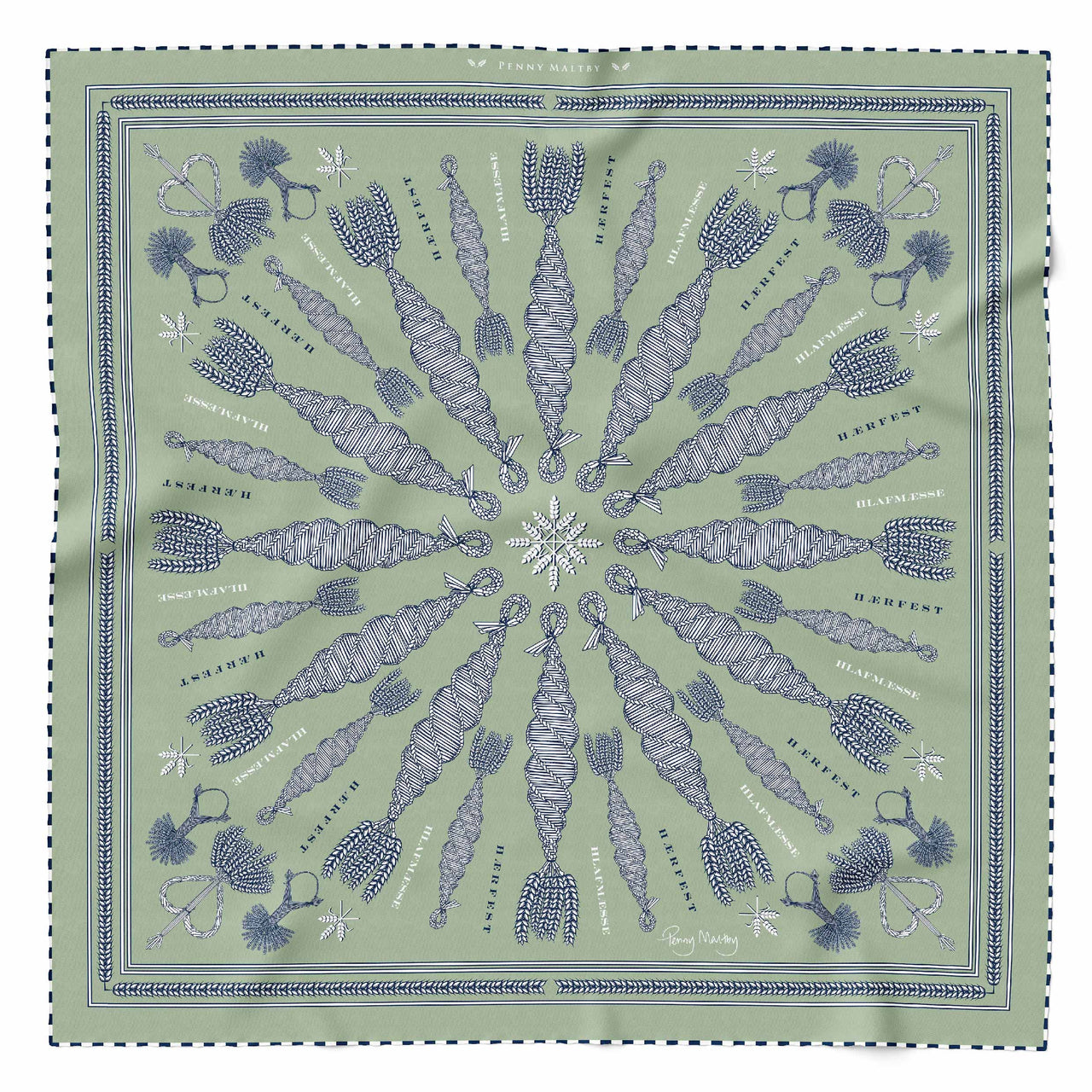 Spiral Corn Dolly Pattern Scarf in sage with white and navy pattern and hand-rolled chequered hem, based on an original corn dolly by Penny Maltby.