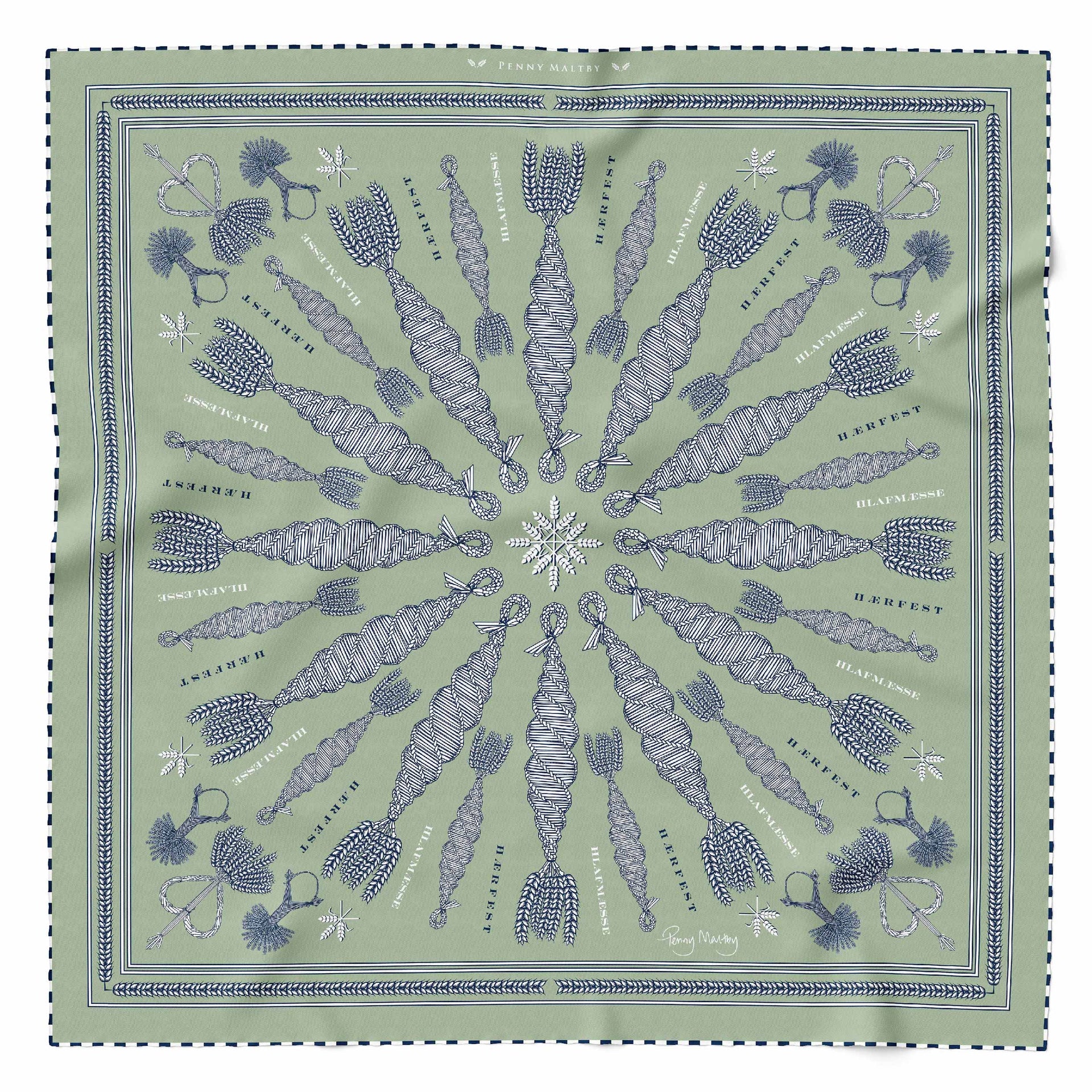 Spiral Corn Dolly Pattern Scarf in sage with white and navy pattern and hand-rolled chequered hem, based on an original corn dolly by Penny Maltby.