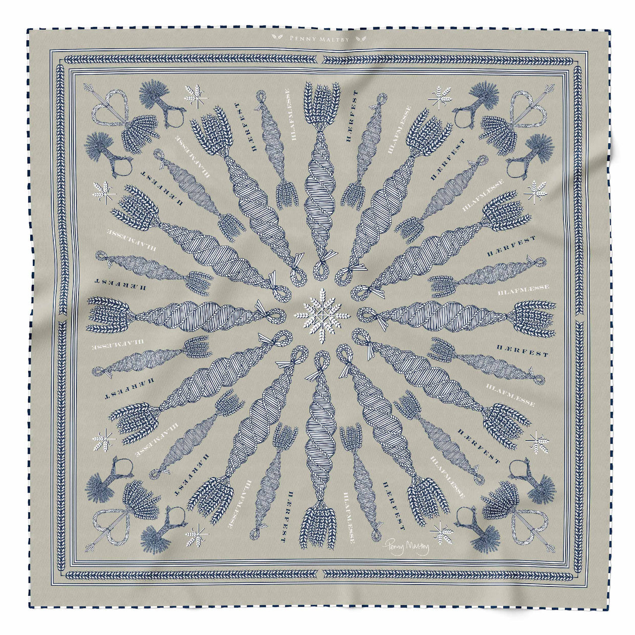 Large Spiral Corn Dolly Pattern Scarf in stone with white and navy pattern and hand-rolled chequered hem