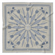 Large Spiral Corn Dolly Pattern Scarf in stone with white and navy pattern and hand-rolled chequered hem