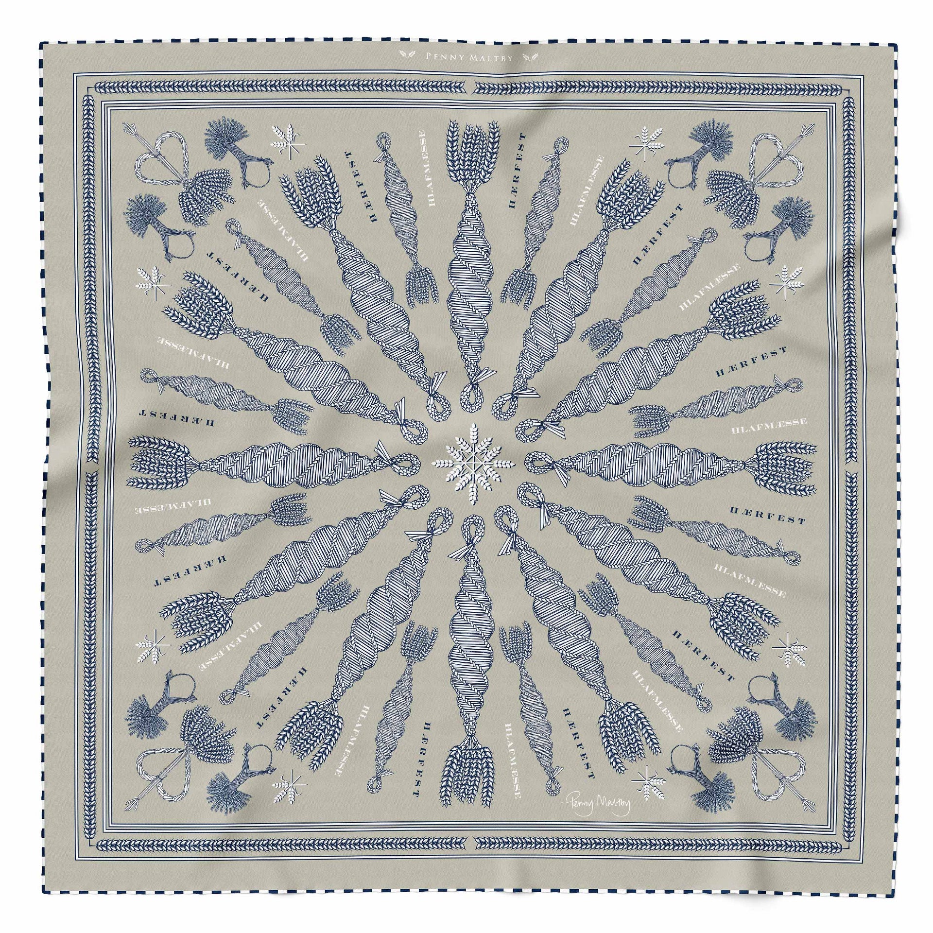 Large Spiral Corn Dolly Pattern Scarf in stone with white and navy pattern and hand-rolled chequered hem