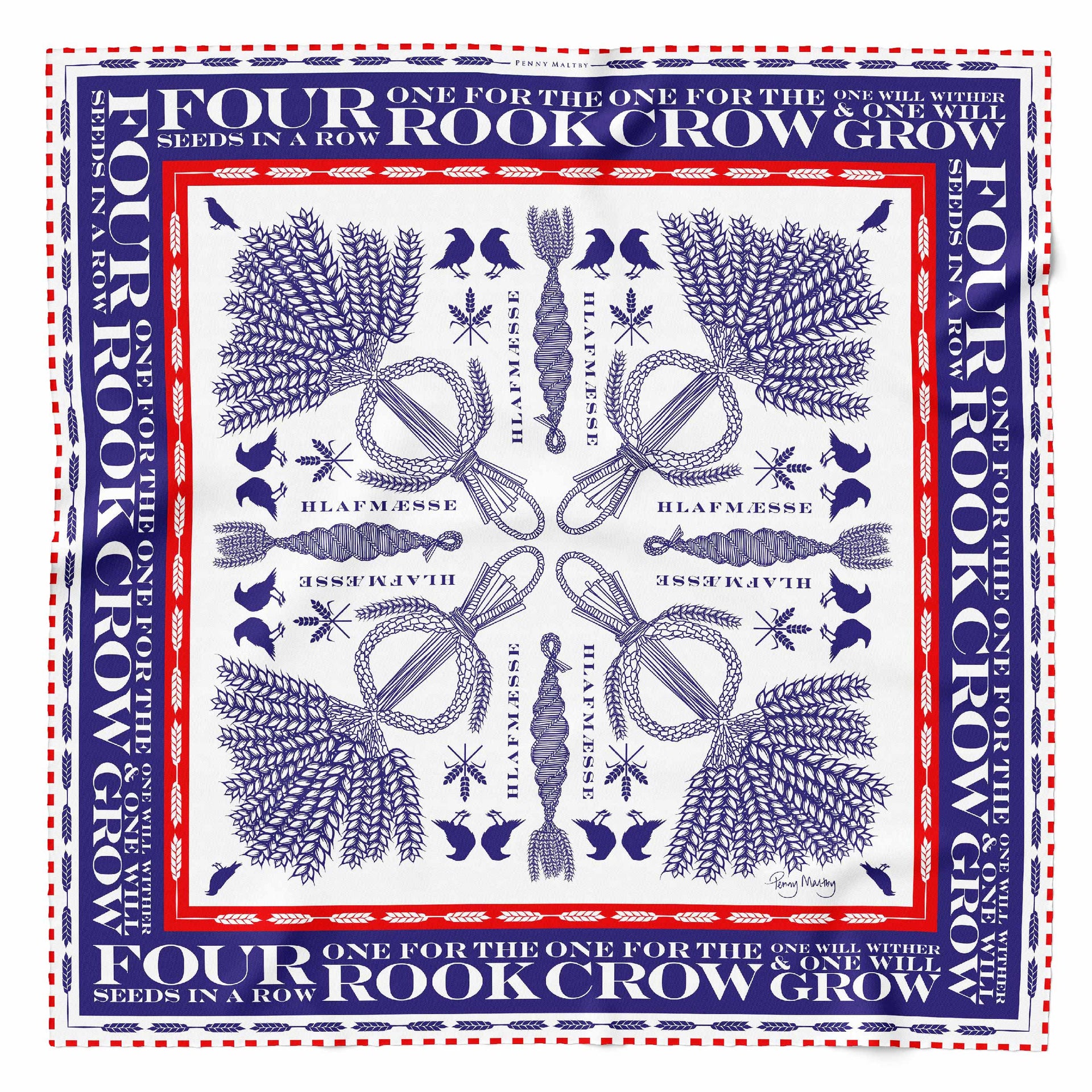 White square silk scarf 65cm x 65cm with indigo and red print