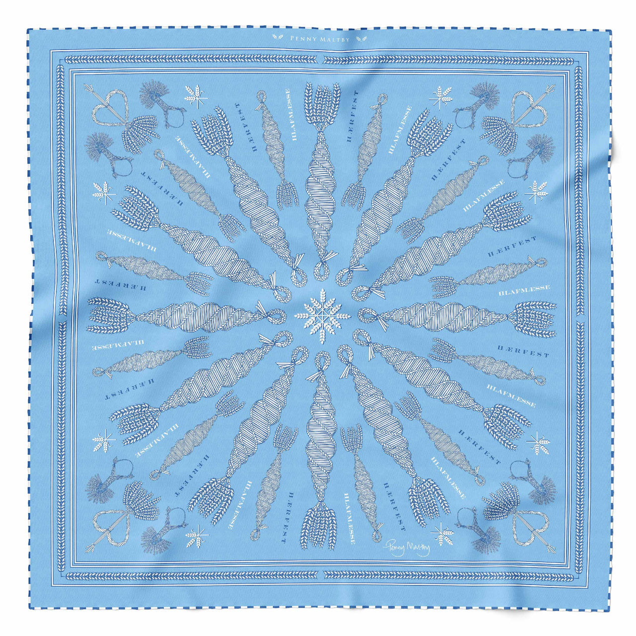 Light blue, navy and white large organic silk scarf with corn dolly motif and hand rolled hem.