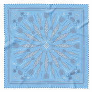 Light blue, navy and white large organic silk scarf with corn dolly motif and hand rolled hem.