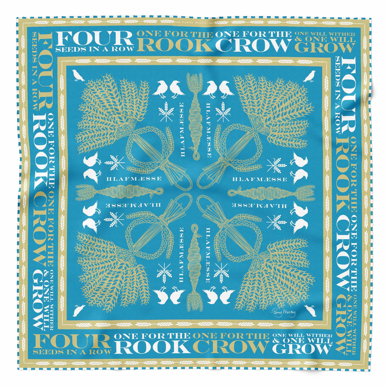 Peacock turquoise, gold and white square silk scarf with corn dolly mofif and text as well as a hand rolled chequerboard hem