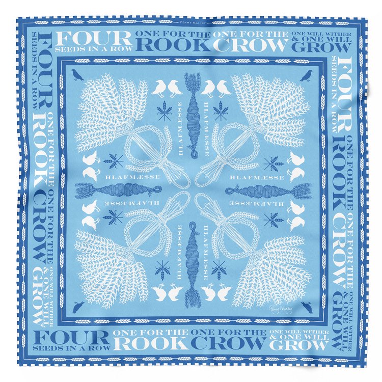 Light blue square silk scarf with blue and white print and hand rolled hem