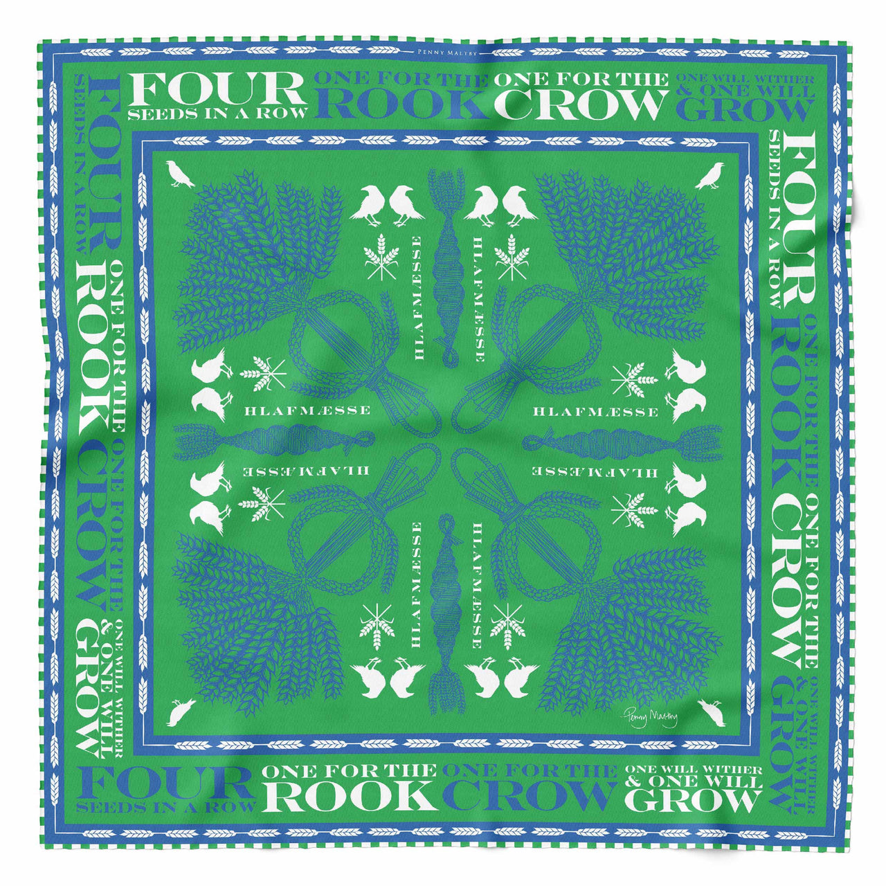 Bright green, blue and white organic silk square 65cm x 65cm with hand rolled hem