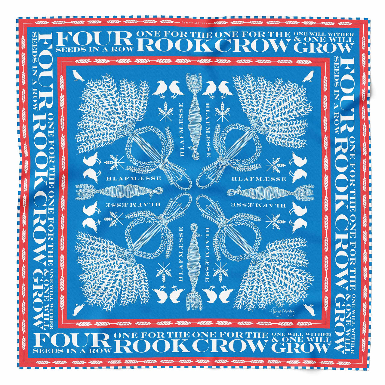 Blue red and white organic silk square scarf 65cm x 65cm with striped hand rolled hem