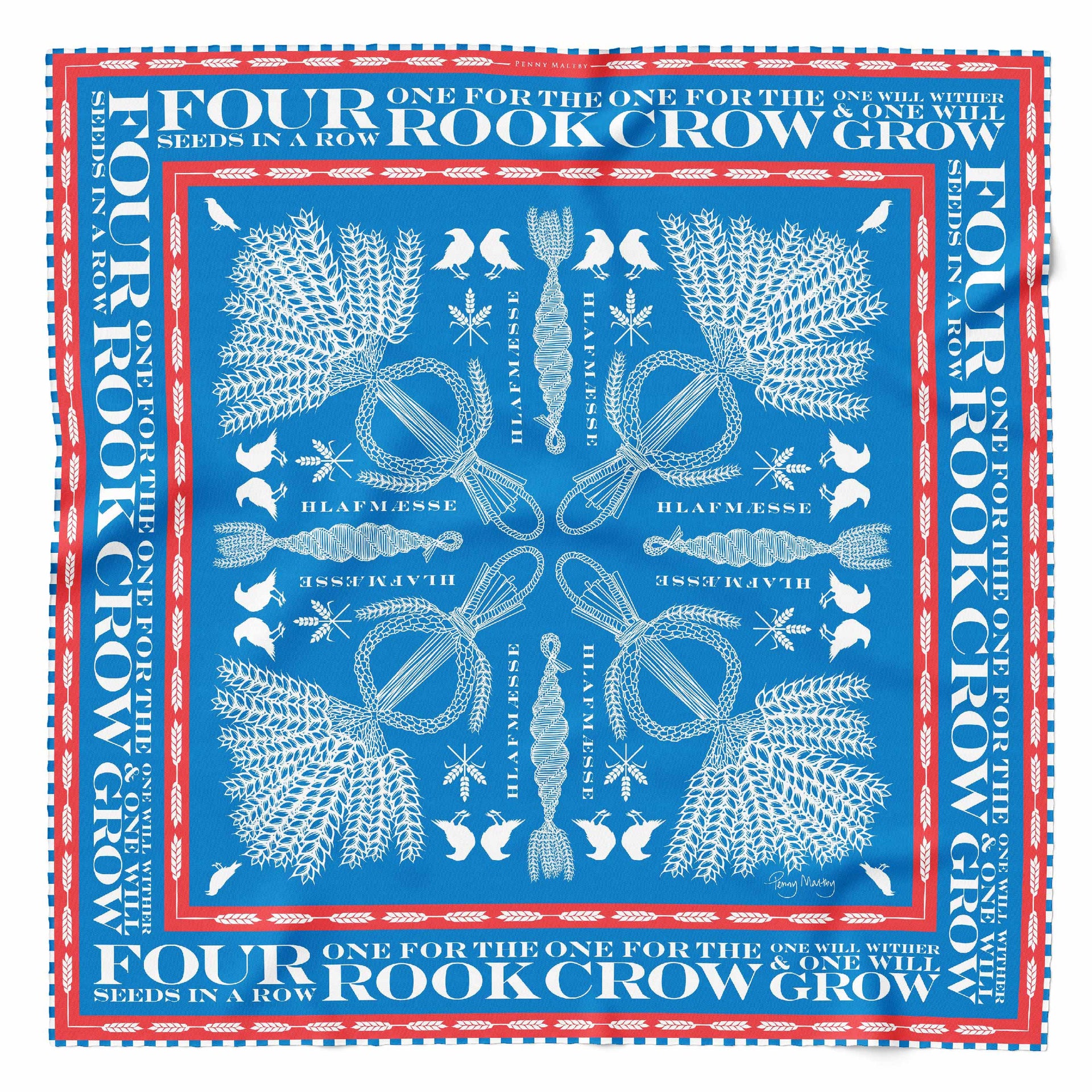 Blue red and white organic silk square scarf 65cm x 65cm with striped hand rolled hem