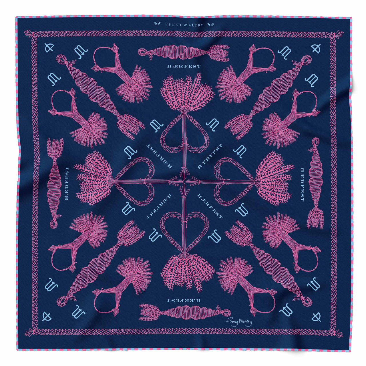 Navy and pink organic silk pocket square wiht pink and pale blue rolled hem edge