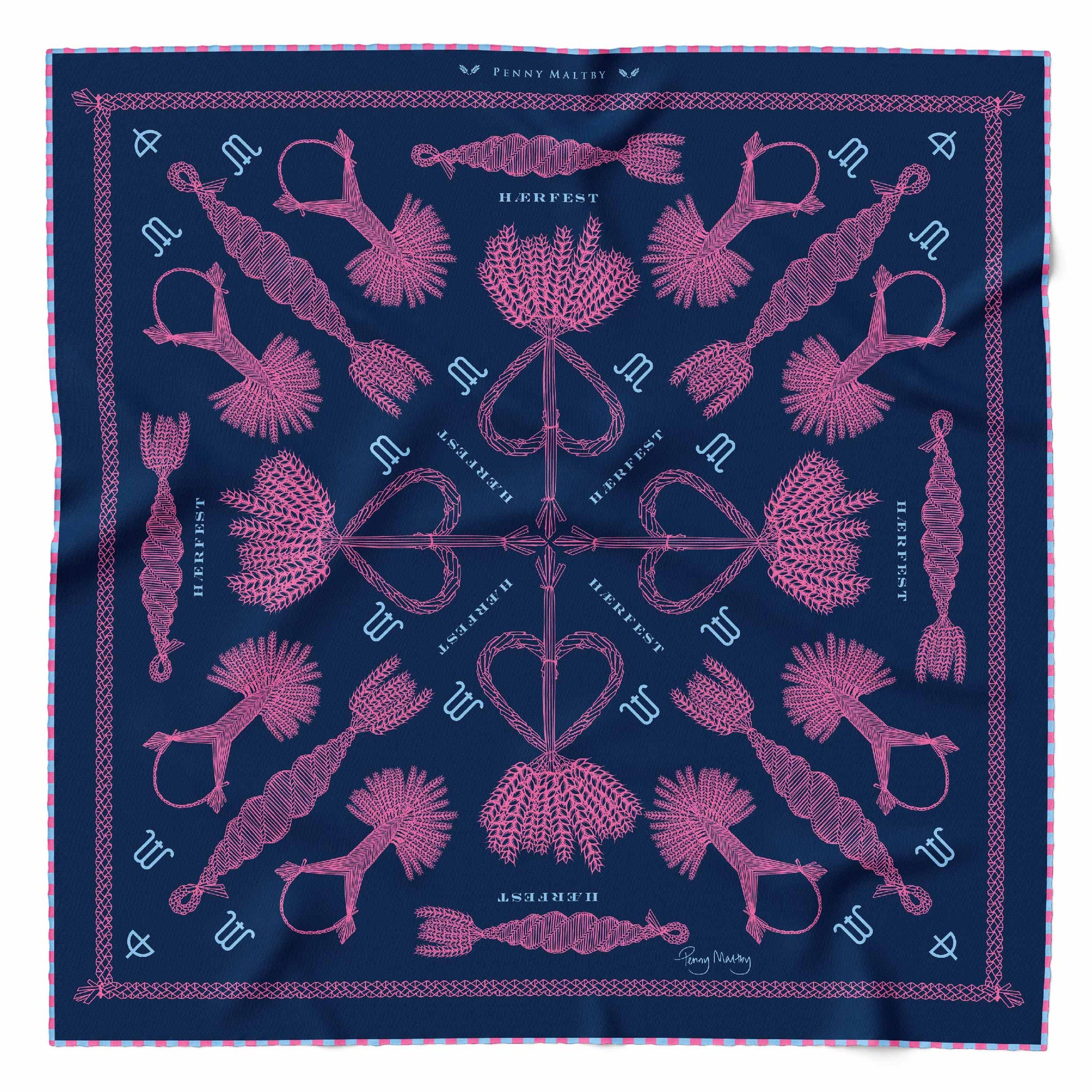 Navy and pink organic silk pocket square wiht pink and pale blue rolled hem edge