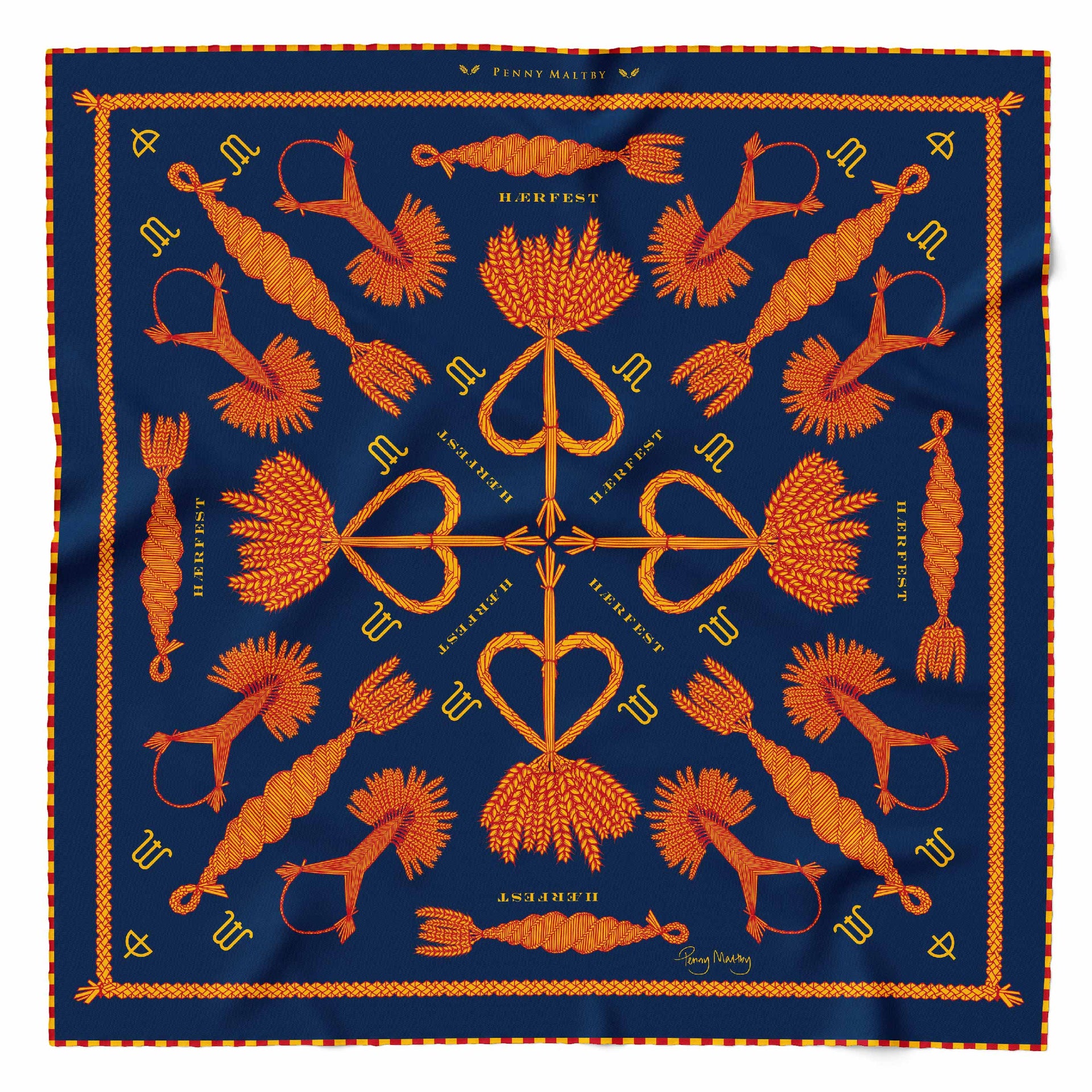 Mordiford Love Heart Corn Dolly Pattern Scarf in navy with yellow and red pattern and hand-rolled chequered hem, based on an original corn dolly by Penny Maltby