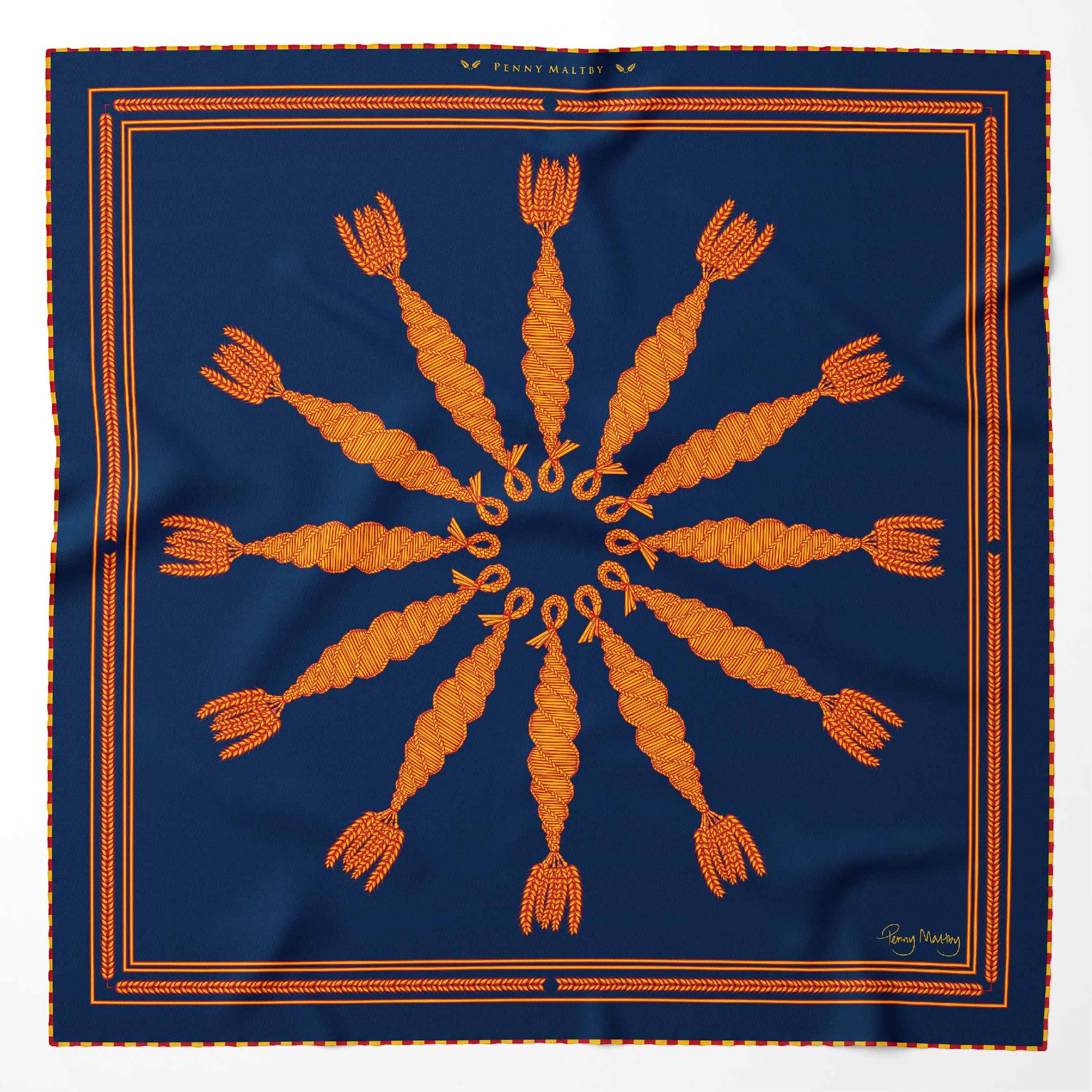 Spiral corn dolly pattern organic scarf in navy with orange and red detail print