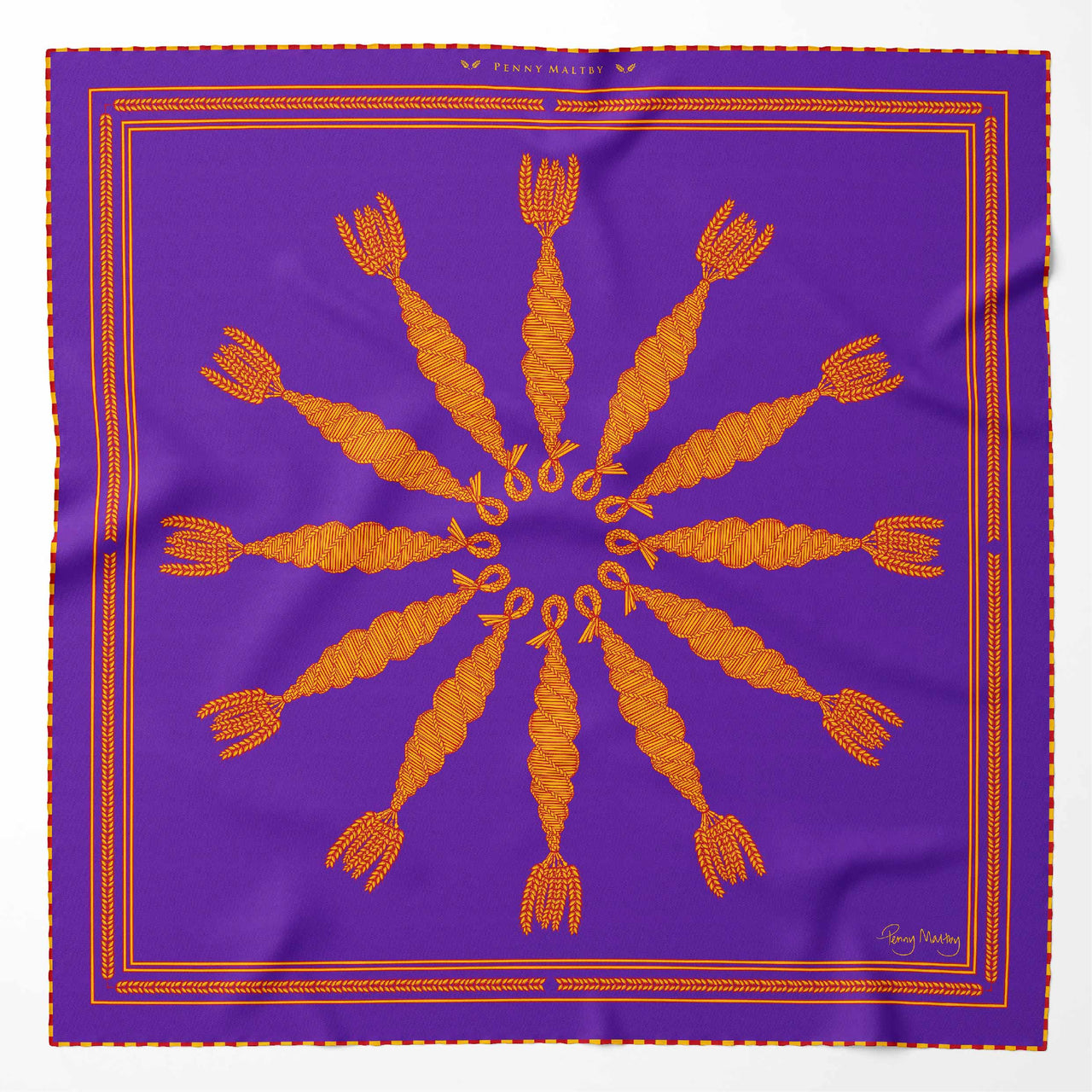 Organic purple square silk scarf with corn dolly pattern in yellow and orange