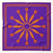 Organic purple square silk scarf with corn dolly pattern in yellow and orange