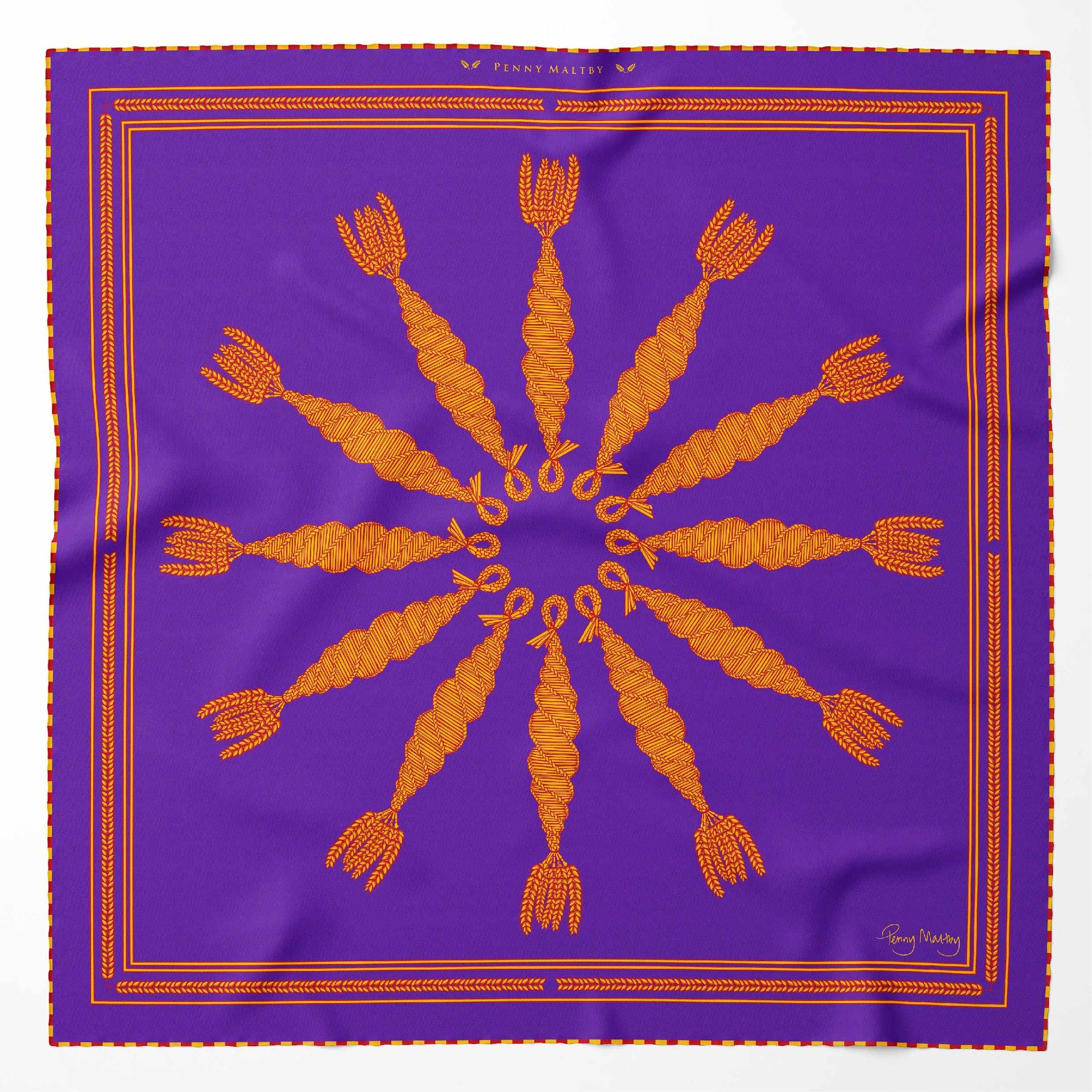 Organic purple square silk scarf with corn dolly pattern in yellow and orange