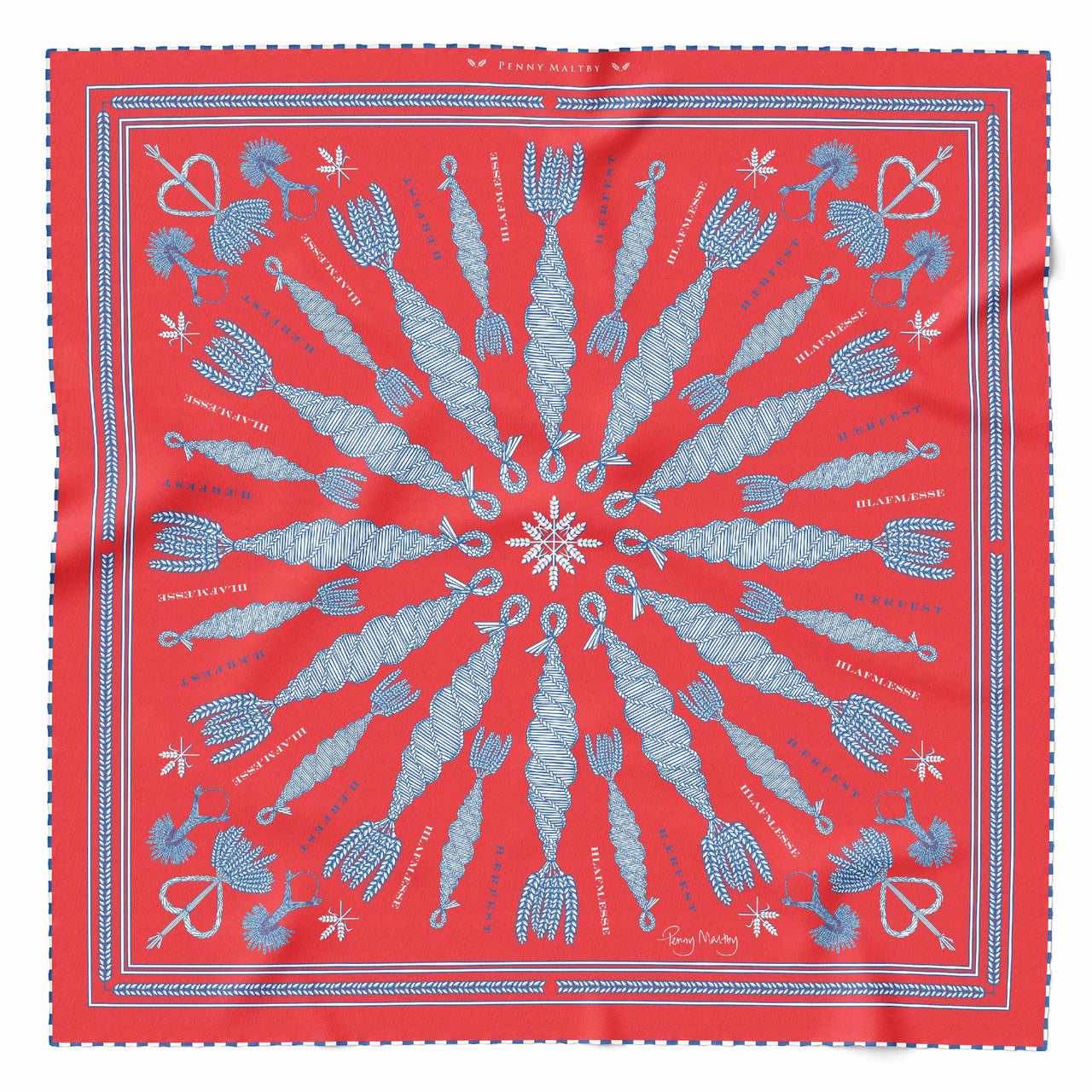 Spiral Corn Dolly Pattern Scarf in bright orange with white and navy corn dolly pattern and hand-rolled chequered hem.