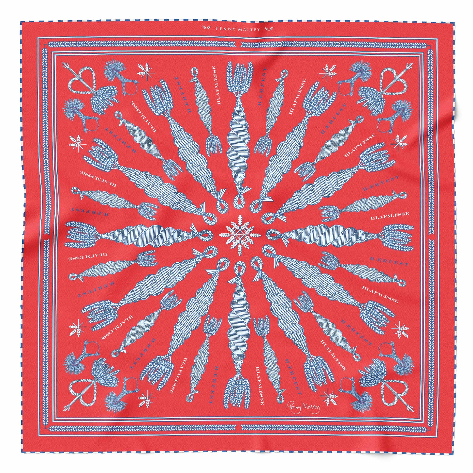 Spiral Corn Dolly Pattern Scarf in bright orange with white and navy corn dolly pattern and hand-rolled chequered hem.