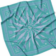 Large organic turquoise silk scarf with corn dolly motif in white and blue and hand rolled hem