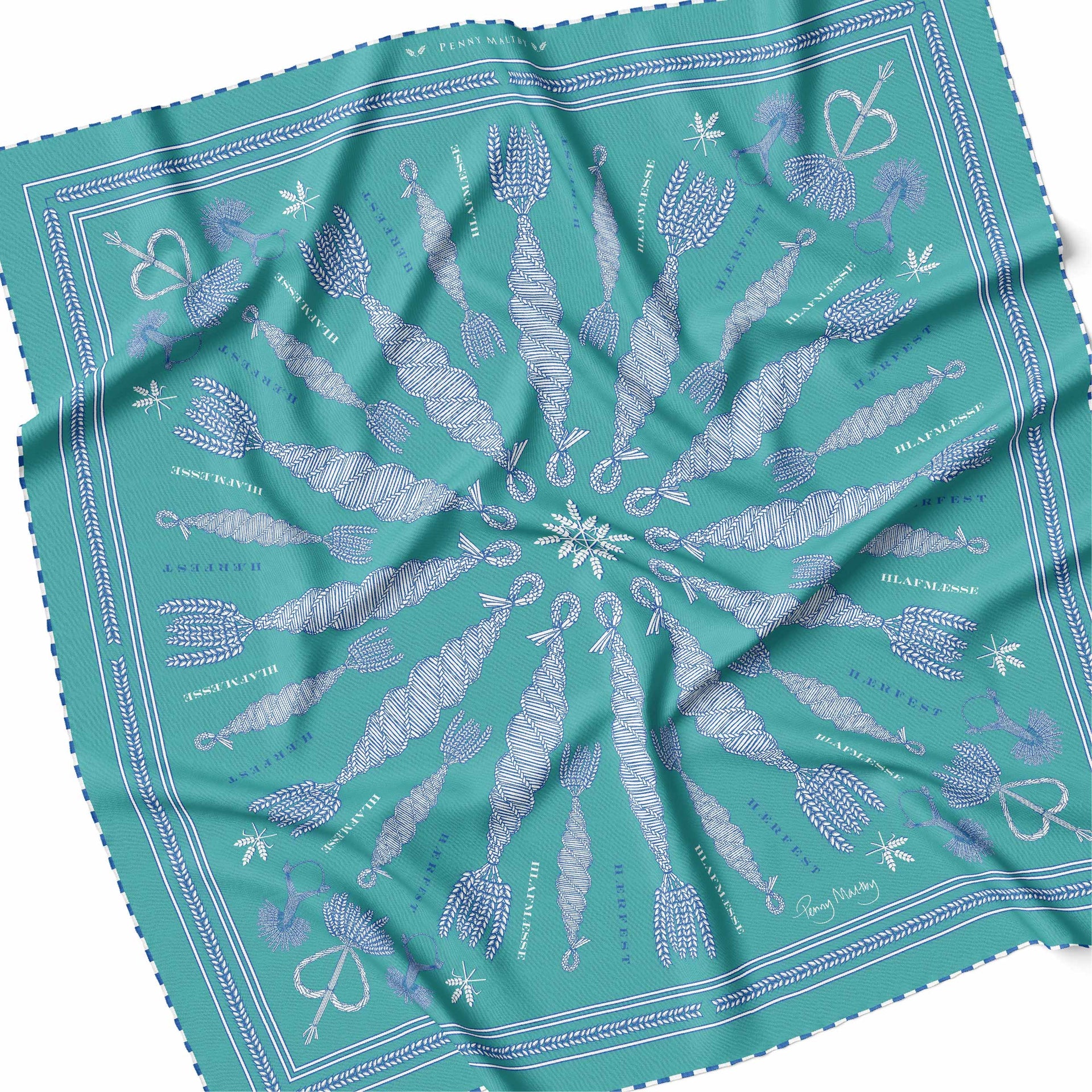 Large organic turquoise silk scarf with corn dolly motif in white and blue and hand rolled hem