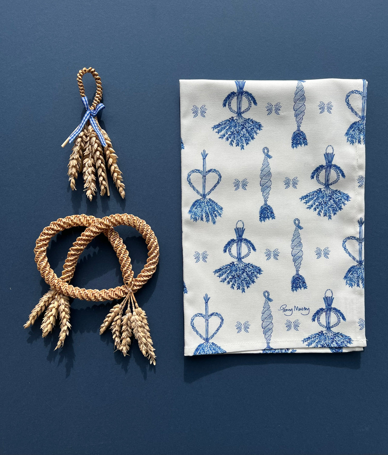 Corn Dolly Pattern No. 1 White and Indigo Cotton Tea Towel